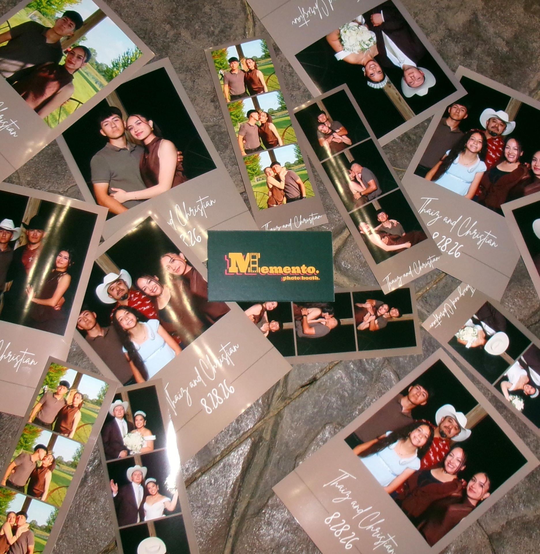 Custom Memento photo strips laid out at an event
